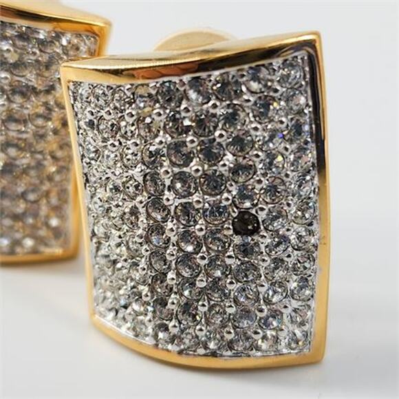 Vintage Swarovski Signed Pave Crystal Clip-On Earrings Gold Square Statement EUC - Picture 5 of 6